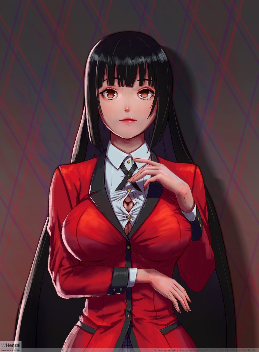1girls, big breasts, black hair, blazer, blouse, breasts, cleavage, eyelashes, eyeliner, eyeshadow, female, female only, fully clothed, hi res, jabami yumeko, kakegurui, lipstick, long hair, looking at viewer, makeup, noaqin, red eyes, school uniform, shirt, skirt, very long hair