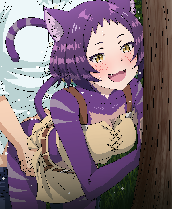 1boy animal_ears arafoo_otoko_no_isekai_tsuuhan_seikatsu blush body_fur cat_ears cat_girl cat_tail clothed_sex commentary_request dithering female happy_sex myarey oekaki oerba_yun_fang open_mouth purple_eyes purple_fur purple_hair sex sex_from_behind shirt short_hair standing standing_sex tail tomu_(tomubobu) white_shirt yellow_eyes