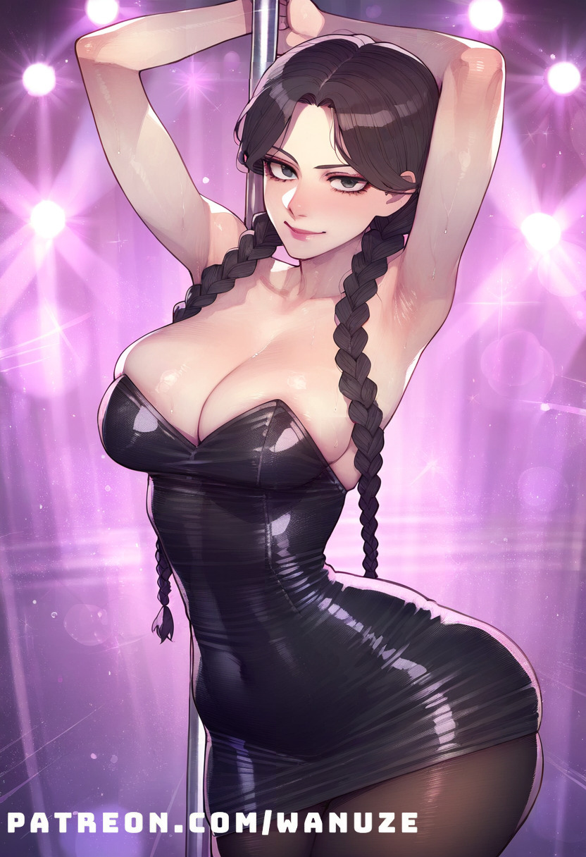 ai_generated big_ass big_breasts big_butt big_thighs black_dress black_eyes black_hair black_pantyhose blush huge_ass huge_butt huge_thighs medium_breasts pantyhose pole pole_dancing stage tight_dress twin_braids wanuze wednesday_addams wide_hips