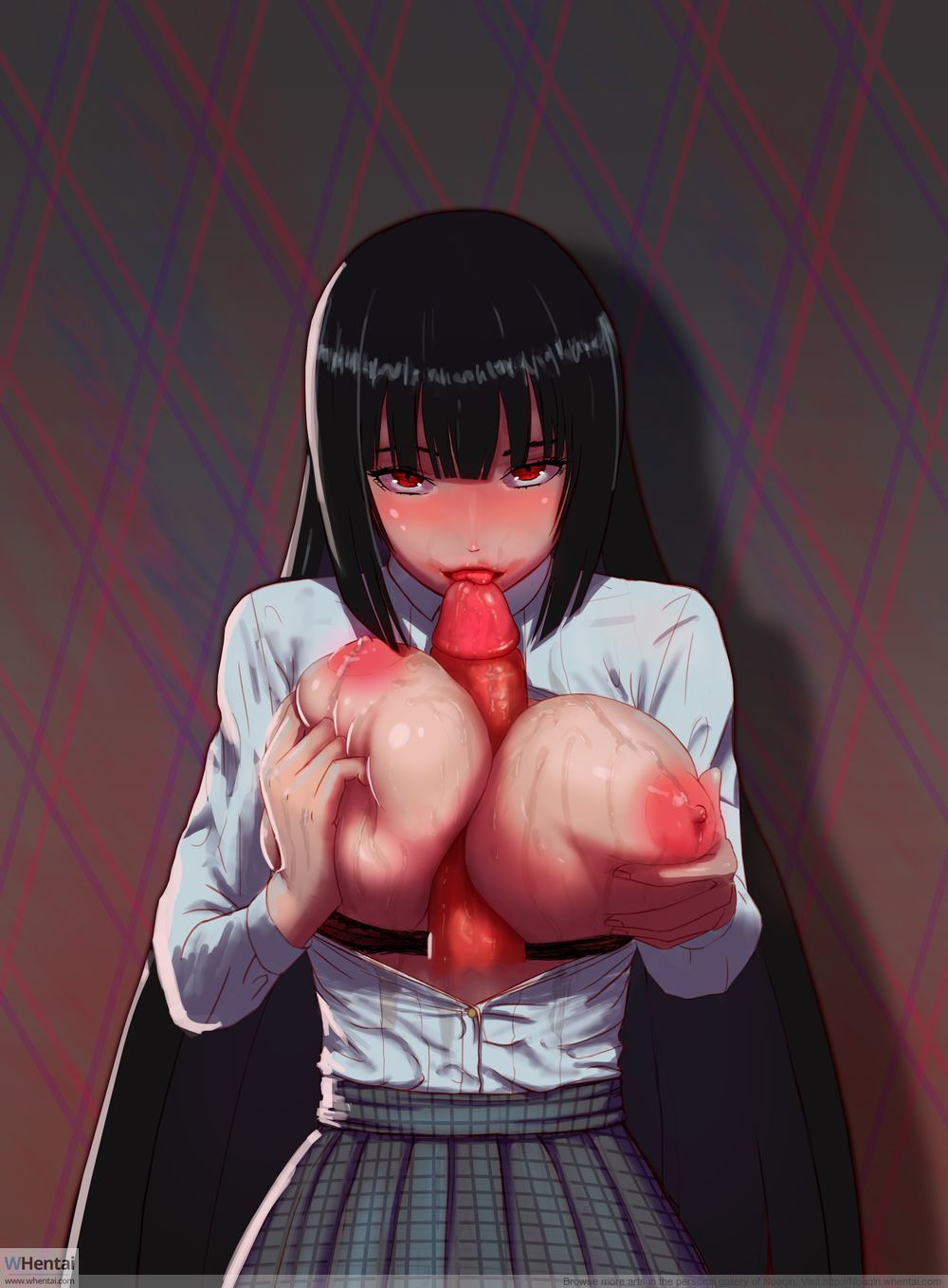 bangs, big breasts, black hair, blunt bangs, blush, breast grab, breast squeeze, breasts, breasts out, clothing, exposed breasts, fellatio, female, female focus, hime cut, huge cock, jabami yumeko, kakegurui, lactation, long hair, looking at viewer, male, noaqin, open shirt, paizuri, penis, penis between breasts, red eyes, school uniform, shirt, skirt, tagme