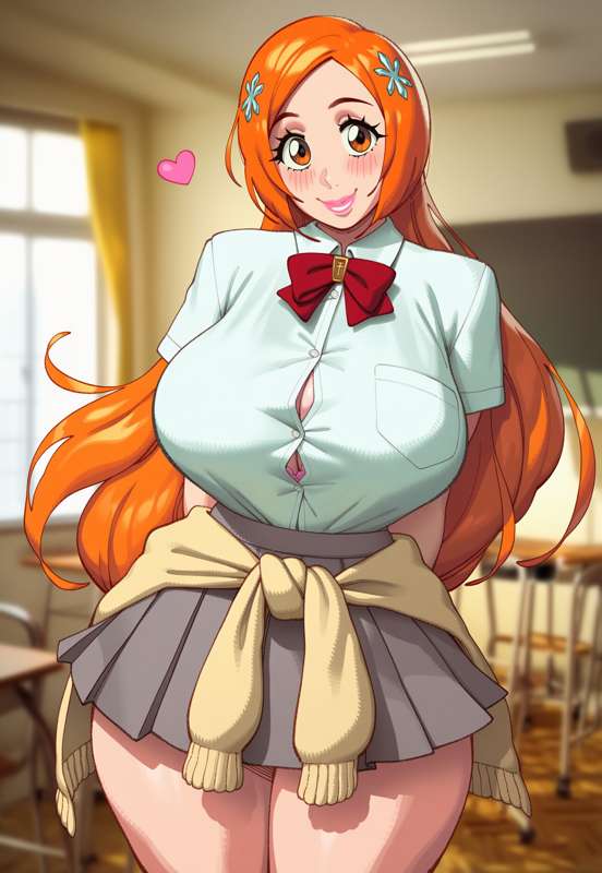 1girls, about to burst, about to pop, ai generated, barely contained, barely contained breasts, barely fits, big breasts, bleach, bleach: the thousand-year blood war, blush, breasts, breasts too big, brown eyes, bursting breasts, button down shirt, button gap, button up shirt, buttons, female, female only, hair, heart, huge breasts, imminent wardrobe malfunction, inoue orihime, juuicyai, light skin, light-skinned female, long hair, orange hair, school, school uniform, schoolgirl, short skirt, solo, solo female, strained buttons, straining buttons, straining clothing, thick thighs, thighs, tight clothes, tight clothing, tight fit, too tight, undersized clothes, undersized clothing