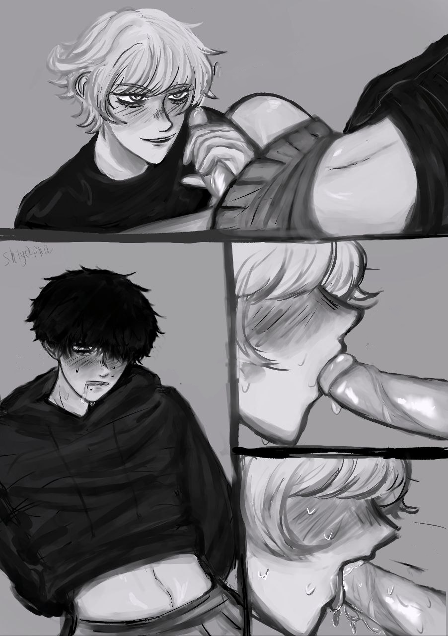 black and white, blowjob, blue lock, charles chevalier, comic, comic page, drooling, fellatio, gay, greyscale, hands behind back, ikki niko, male, male only, monochrome, niko ikki
