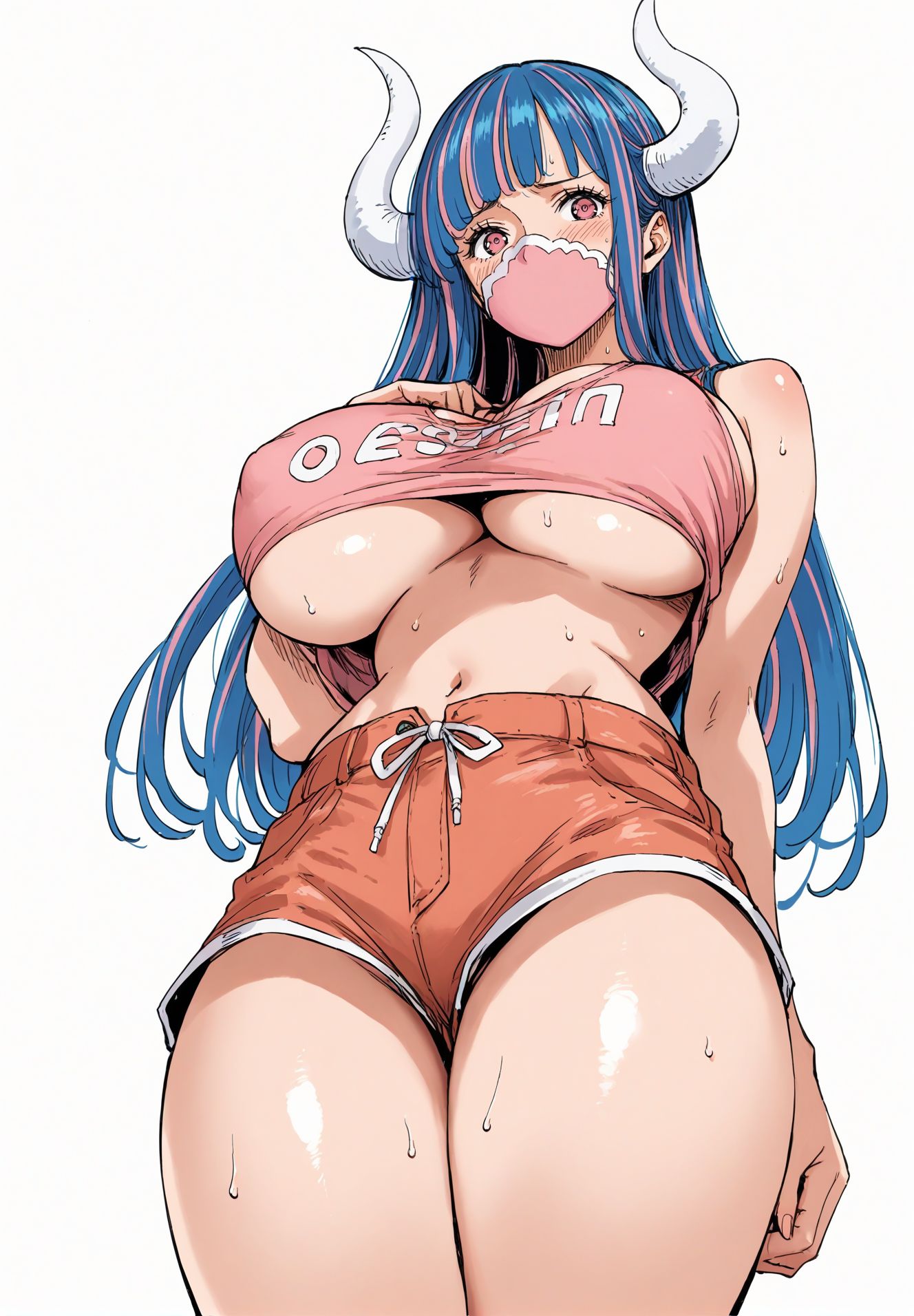 1girls, accurate art style, ai generated, bare arms, bare legs, bare shoulders, bare thighs, big breasts, blue hair, blue-haired female, blush, breasts, clothed, clothing, color, female, female focus, female only, hi res, horns, jean shorts, large breasts, light skin, light-skinned female, long hair, looking at viewer, manga style, mask, multicolored hair, one piece, pink eyes, shirt, shounen jump, solo, solo female, sweat, thick thighs, ulti (one piece), underboob, yashin