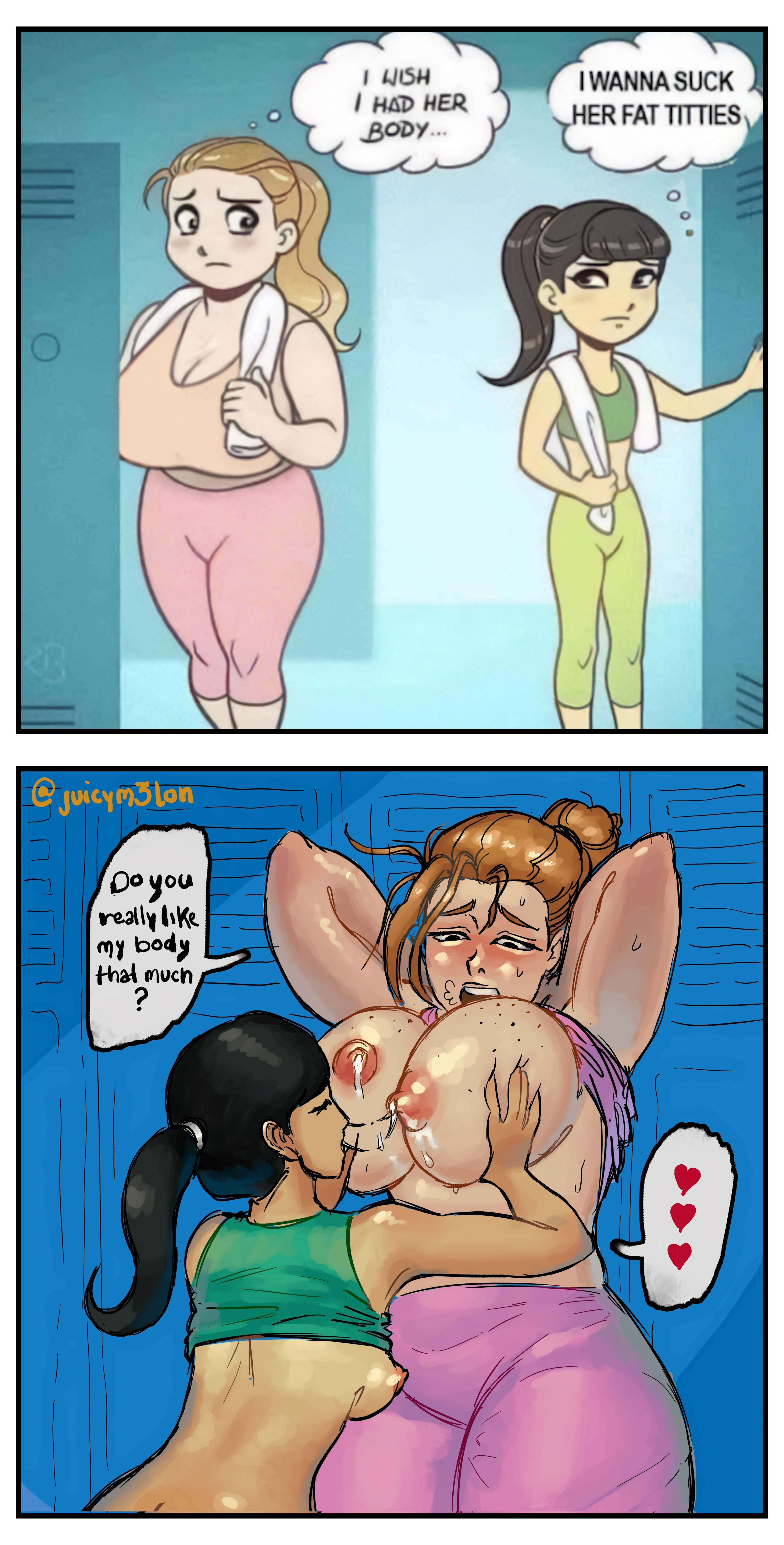 2girls, big breasts, black hair, blogicomics, blonde hair, breast grab, breast sucking, breasts, clothing, female, female only, female sucking breast, freckles, i wish i had her body (meme), juicym3lon, lactation, nipples, ponytail, shirt lift, size difference, sportswear, tagme, wholesome, yuri