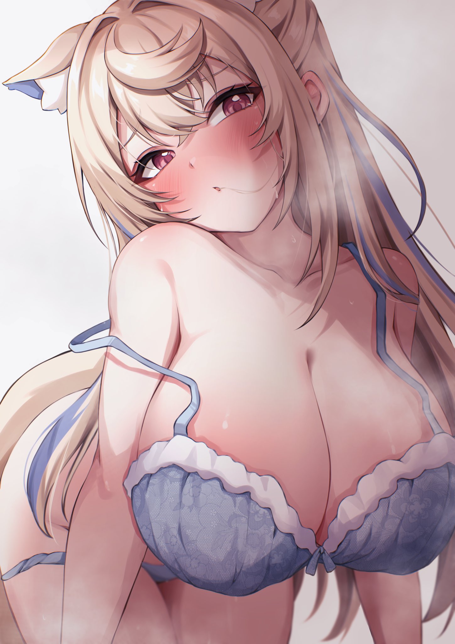 all_fours aroused ass ass_visible_through_thighs blush chestnut_mouth full-face_blush fuwawa_abyssgard hololive huge_breasts in_heat looking_to_the_side off_shoulder panties_down steam virtual_youtuber