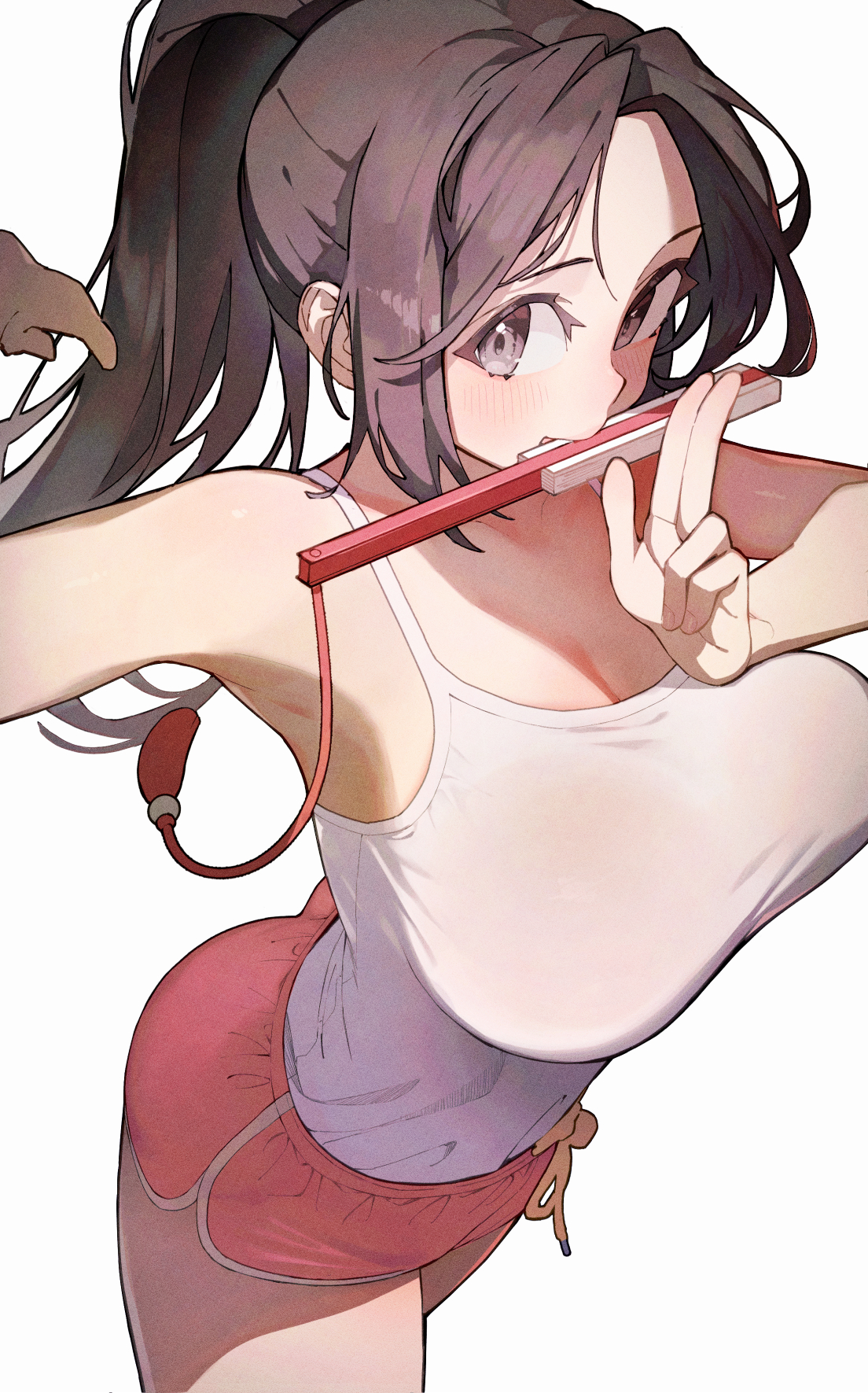 2d, alternate costume, armpits, bare shoulders, big breasts, breasts, brown eyes, brown hair, cleavage, dolphin shorts, fatal fury, fatal fury: city of the wolves, female, female focus, female only, folded fan, folding fan, hand fan, high ponytail, highres, holding, holding fan, human, human female, human only, king of fighters, kuji-in, light skin, light-skinned female, long hair, looking at viewer, mai shiranui, mai shiranui (casual), mouth hold, official alternate costume, pink shorts, ponytail, rindoriko, shorts, simple background, smile, snk, solo, solo female, tank top, thighs, twitter link, white tank top