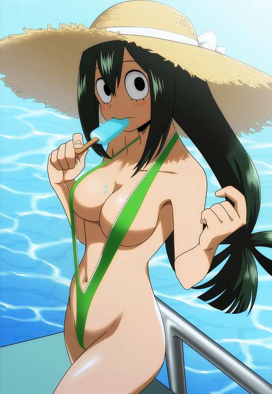 1girls, ai generated, bikini, female, my hero academia, pool, tsuyu asui
