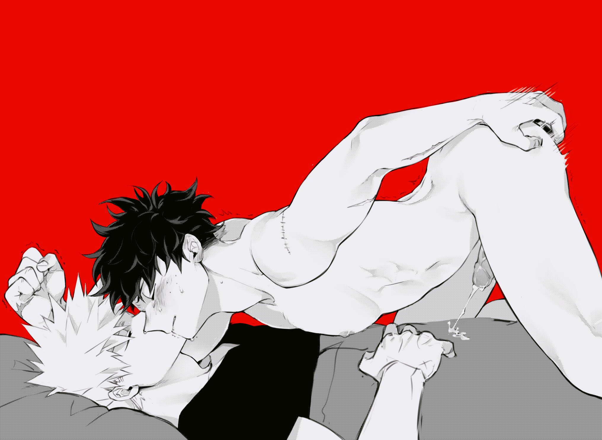 2boys, anal insertion, bent over, closed eyes, cum, erection, gay, izuku midoriya, katsuki bakugou, male, male only, megane o o, monochrome, motion lines, multiple boys, multiple males, my hero academia, nude, penis, red background, sex toy, sleeping, top-down bottom-up, yaoi