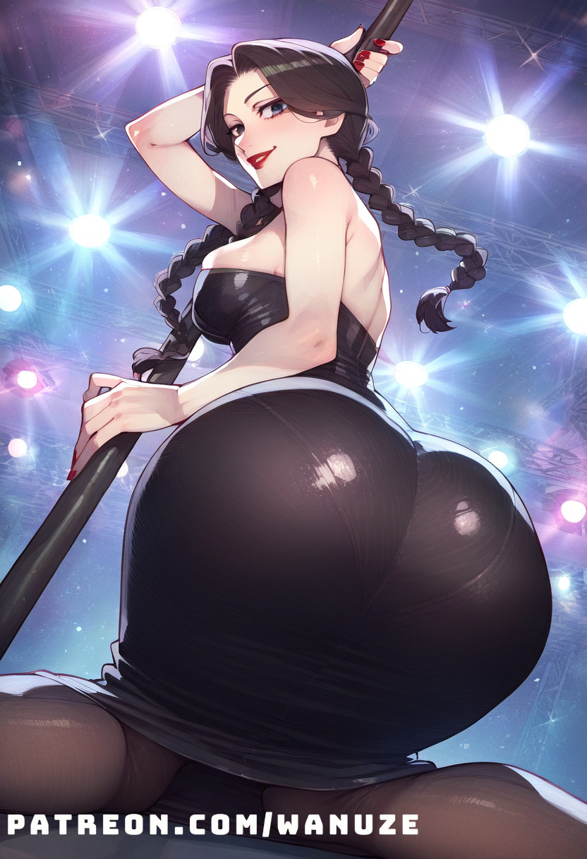 ai_generated big_ass big_breasts big_butt big_thighs black_dress black_eyes black_hair black_pantyhose blush from_behind from_behind_position huge_ass huge_butt huge_thighs kneeling medium_breasts pantyhose pole pole_dancing stage tight_dress twin_braids wanuze wednesday_addams wide_hips