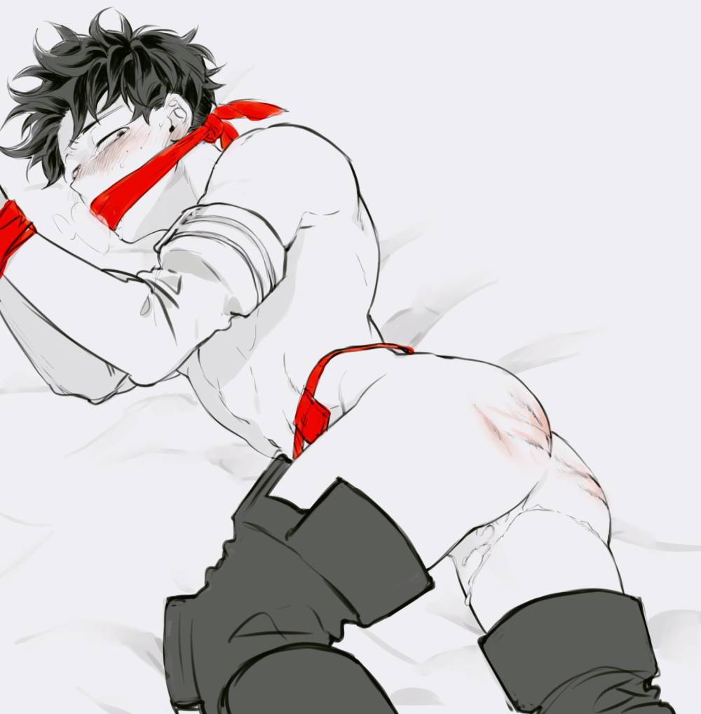 1boy, after sex, ass, bondage, gag, gay, gay male, izuku midoriya, liquid, male, male only, megane o o, monochrome, my hero academia, nude, solo, solo male, tied up, yaoi