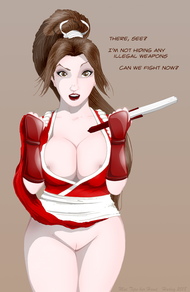 areola_slip areolae bare_arms bare_shoulders big_breasts bottomless brown_eyes brown_hair busty dialogue fatal_fury female female_focus female_only fingerless_gloves harley79 huge_breasts king_of_fighters large_breasts lipstick mai_shiranui nipple_slip nipples overflowing_breasts ponytail pussy snk solo speed_lines tagme thick_thighs vagina wide_hips