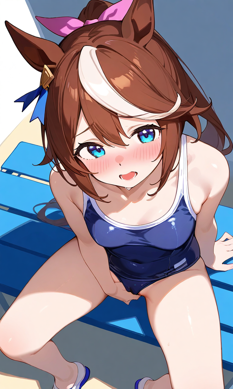 ai_generated animal_ears brown_hair female horse_girl pony_tail ribbon school_swimsuit tokai_teio_(umamusume) two_tone_hair umamusume umamusume_pretty_derby