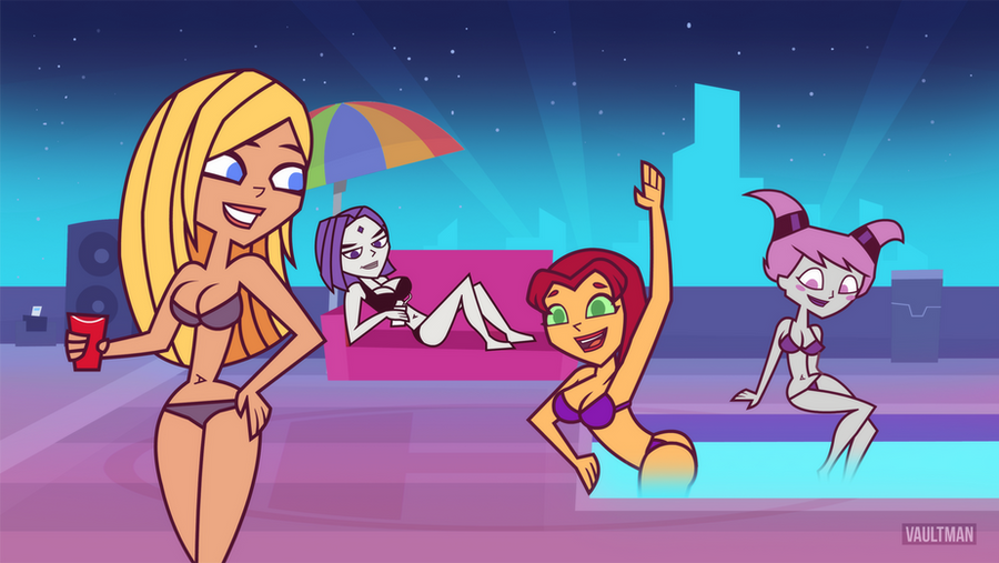 2015 4girls bikini black_bikini blonde_hair female_only jinx_(dc) multiple_girls purple_bikini purple_hair raven_(dc) red_hair starfire starfire_(teen_titans) swimsuit teen_titans terra_(dc) vaultman