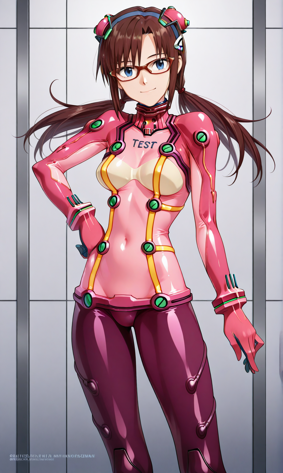 ai_generated alternate_costume blue_eyes bodysuit bra breasts brown_hair collar collared_bodysuit eyewear female glasses hand_on_hip latex latex_bodysuit latex_clothing latex_suit long_hair mari_illustrious_makinami navel navel_visible_through_clothes neon_genesis_evangelion neutral_expression neutral_pose parted_bangs pink_bodysuit pink_latex plugsuit purple_bodysuit purple_latex red_frame_glasses red_glasses see-through see-through_bodysuit see-through_clothing skintight skintight_bodysuit skintight_clothing standing test_plugsuit tied_hair tile_wall translucent_clothing twintails white_wall wrist_cuffs