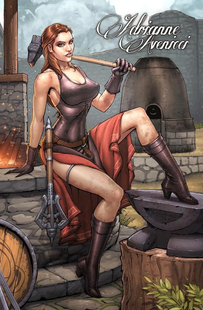 1girls adrianne_avenicci apron blacksmith brown_eyes brown_hair imperial legs pinup skyrim the_elder_scrolls the_elder_scrolls_v:_skyrim unknown_artist