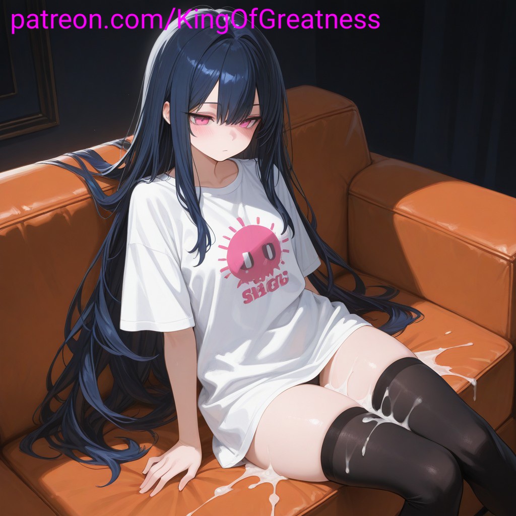 ai_generated blue_hair cum cum_between_thighs cum_on_lower_body dark_hair king_great kuudere long_hair oc thighhighs white_shirt