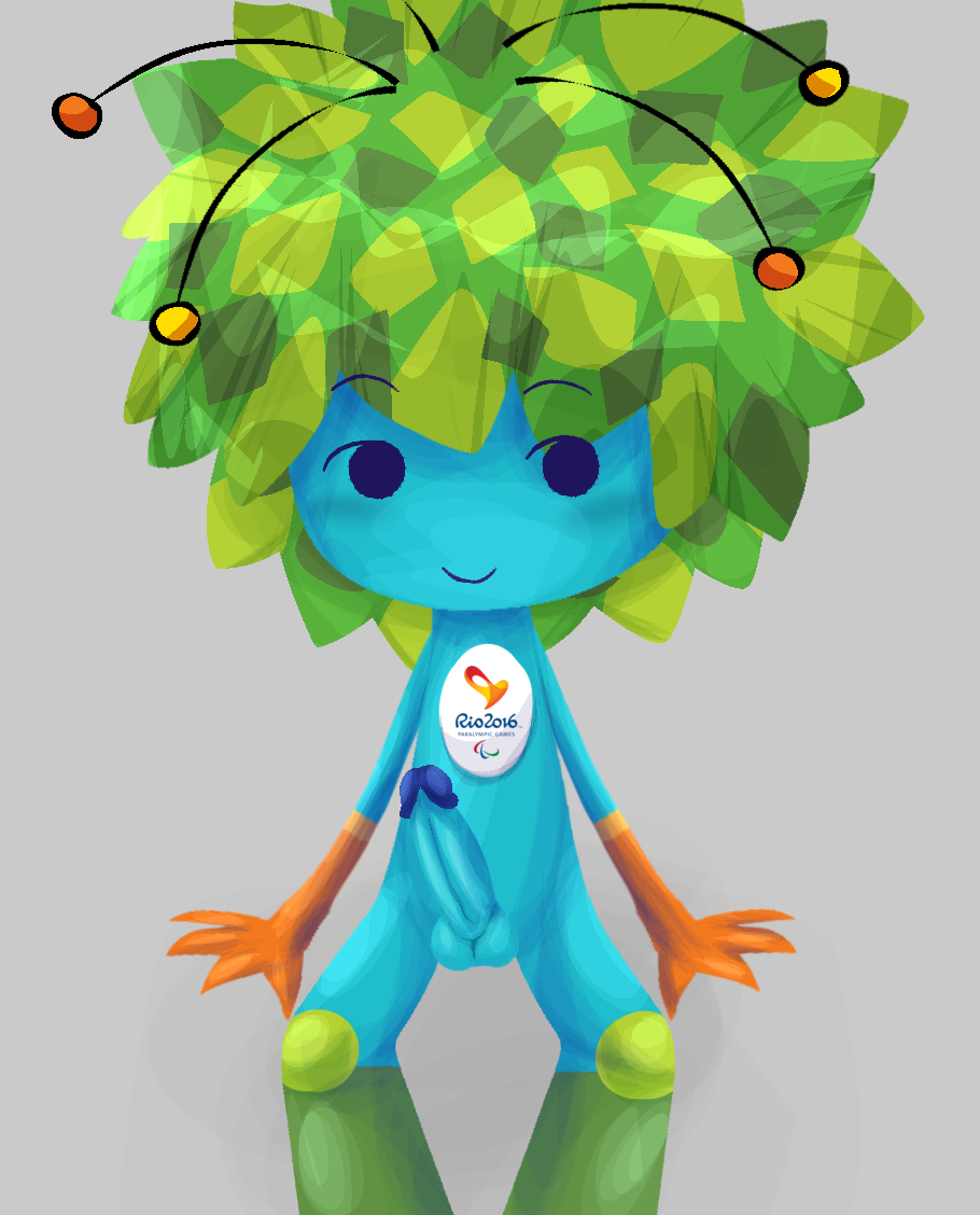 1boy 2016_rio_olympics :) ambiguous_species anthro blue_body blush blush blushed blushed_face blushed_male blushing_at_viewer blushing_profusely erect erect_penis erection flora_fauna green_legs looking_at_viewer mascot mascot no_sex olympics orange_hands request requested sitting superior_candy/meguwana tom_(mascot)