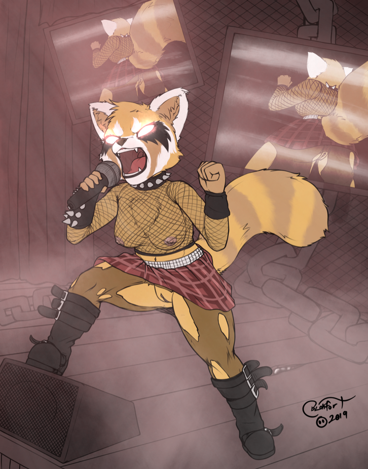 aggressive_retsuko ailurid anthro blokfort boots bottomwear breasts clothed clothing collar concert female fishnet footwear mammal punk pussy red_panda retsuko sanrio screaming skirt smooth_skin solo spiked_collar spikes stage torn_clothing upskirt