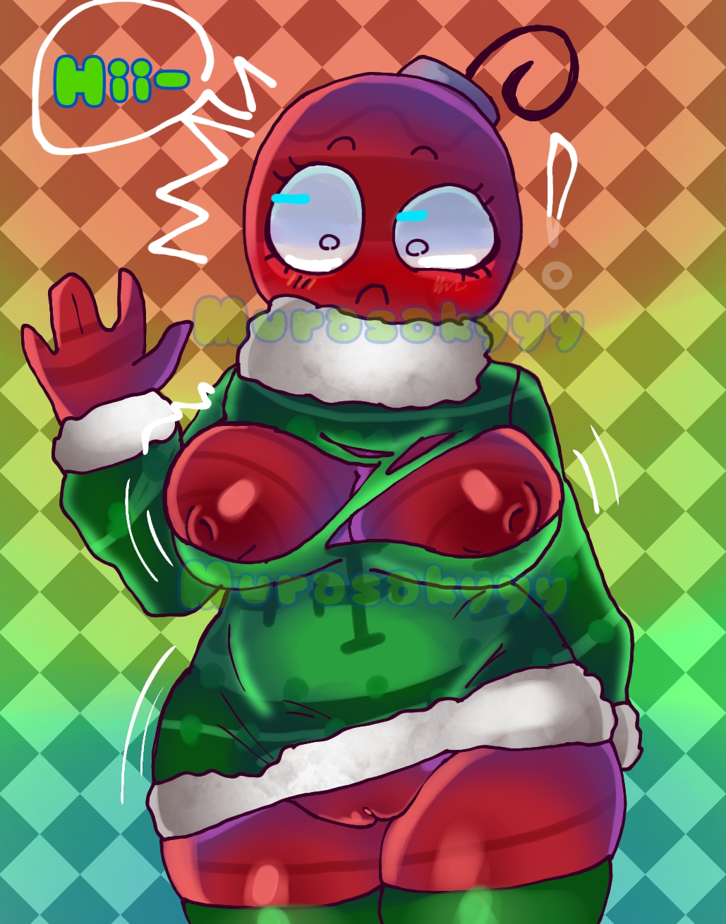 1girls, bobette (dandy's world), breasts, breasts out, christmas, dandy's world, exclamation point, female, female only, green clothing, highres, murasakyyy, nipples, pussy, ripped clothing, self upload, shocked expression, simple background, slightly chubby, solo, speech bubble, sweater, tagme, text, wardrobe malfunction, waving