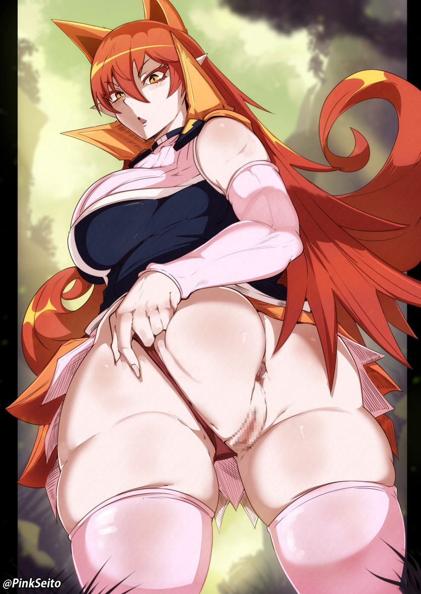 ameri_azazel anus ass censored demon demon_girl female_only fox_ears fox_girl hair_between_eyes large_ass large_breasts long_hair long_sleeves looking_down mairimashita!_iruma-kun orange_eyes orange_hair panties panties_aside pink_sleeves pink_stockings pinkseito pussy red_panties sleeves_past_elbows solo_focus standing thick_thighs thighhighs thighs wide_hips