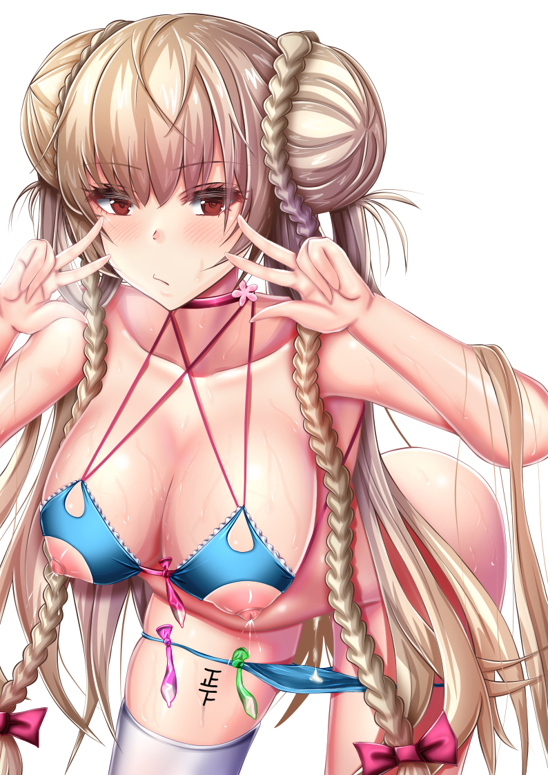 ahoge alternate_costume azur_lane bangs bikini bikini_bottom_pull blue_bikini blush braid breasts choker cleavage condom cum cum_in_pussy double_bun double_w female formidable_(azur_lane) formidable_(the_lady_of_the_beach)_(azur_lane) hands_up lactation large_breasts leaning_forward long_hair looking_at_viewer moepush navel nippleless_clothes red_eyes ribbon sidelocks single_thighhigh solo swimsuit thighhighs used_condom very_long_hair w