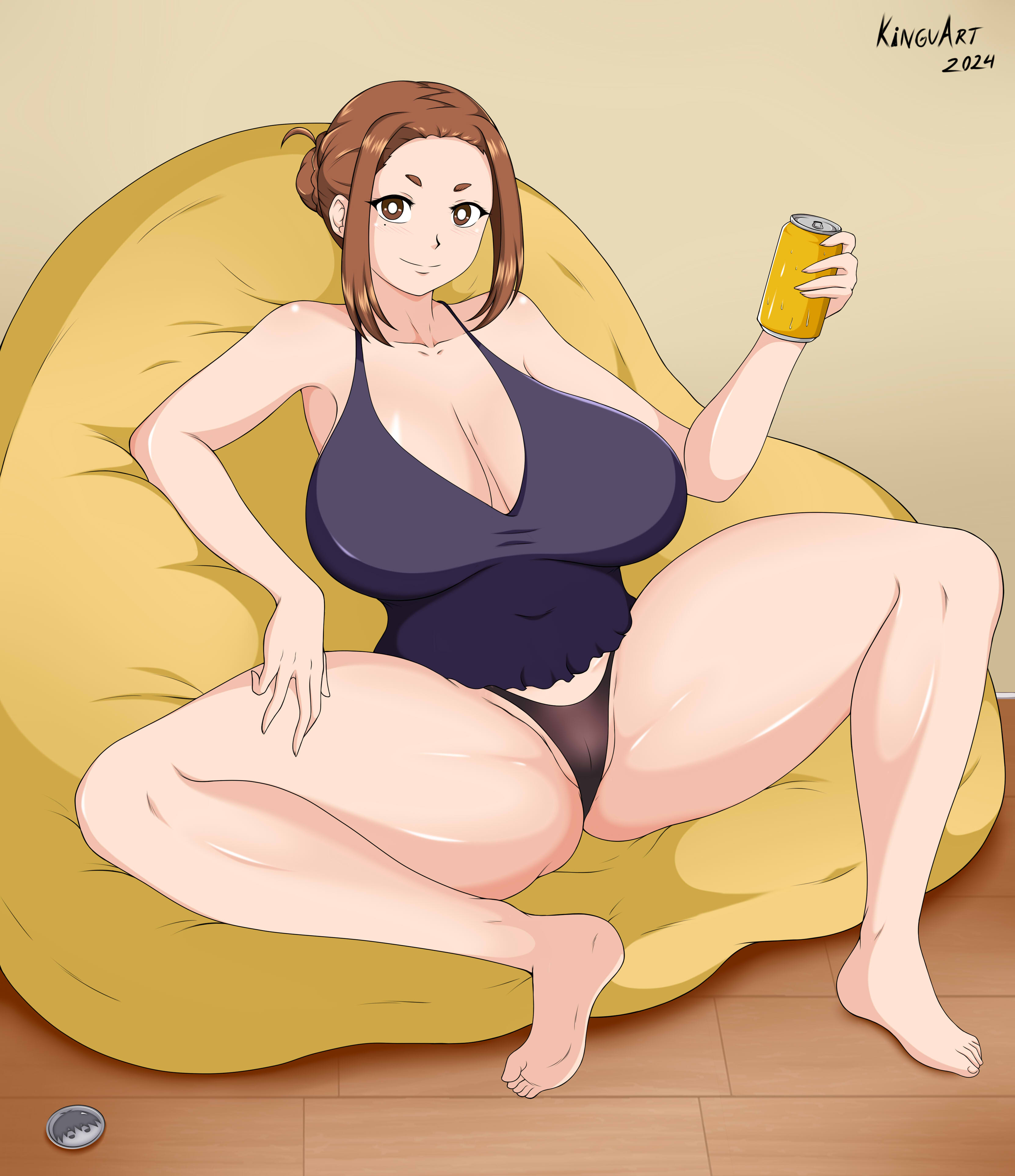 1girls, barefoot, beer, breasts, cushion, fanart, female, female only, full body, huge breasts, kaii to otome to kamikakushi, kinguart, looking at viewer, ogawa sumireko, panties, solo, solo female, spread legs, voluptuous