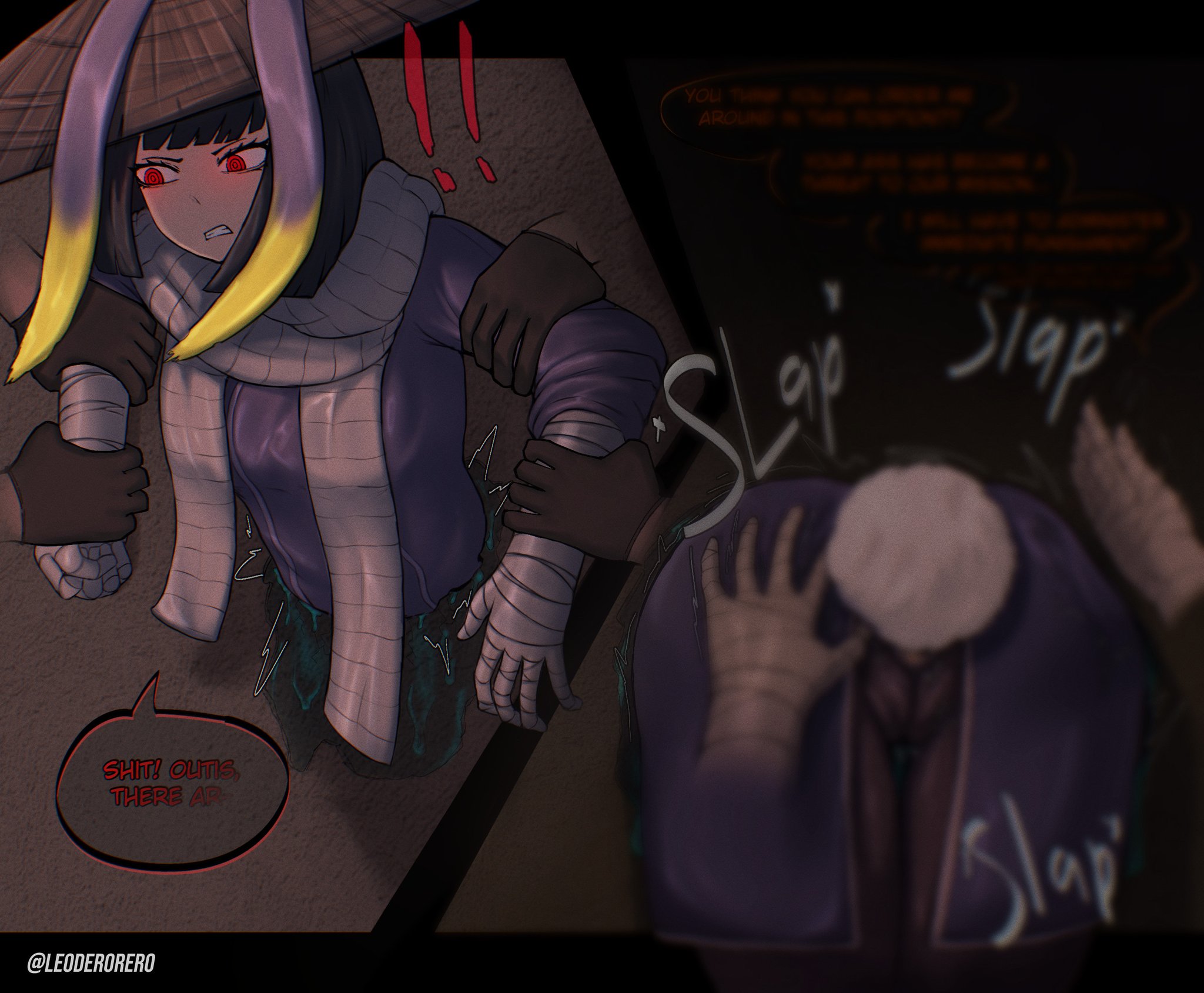 leoderorero, limbus company, project moon, ryoshu (limbus company), spanking, stuck in wall, tagme