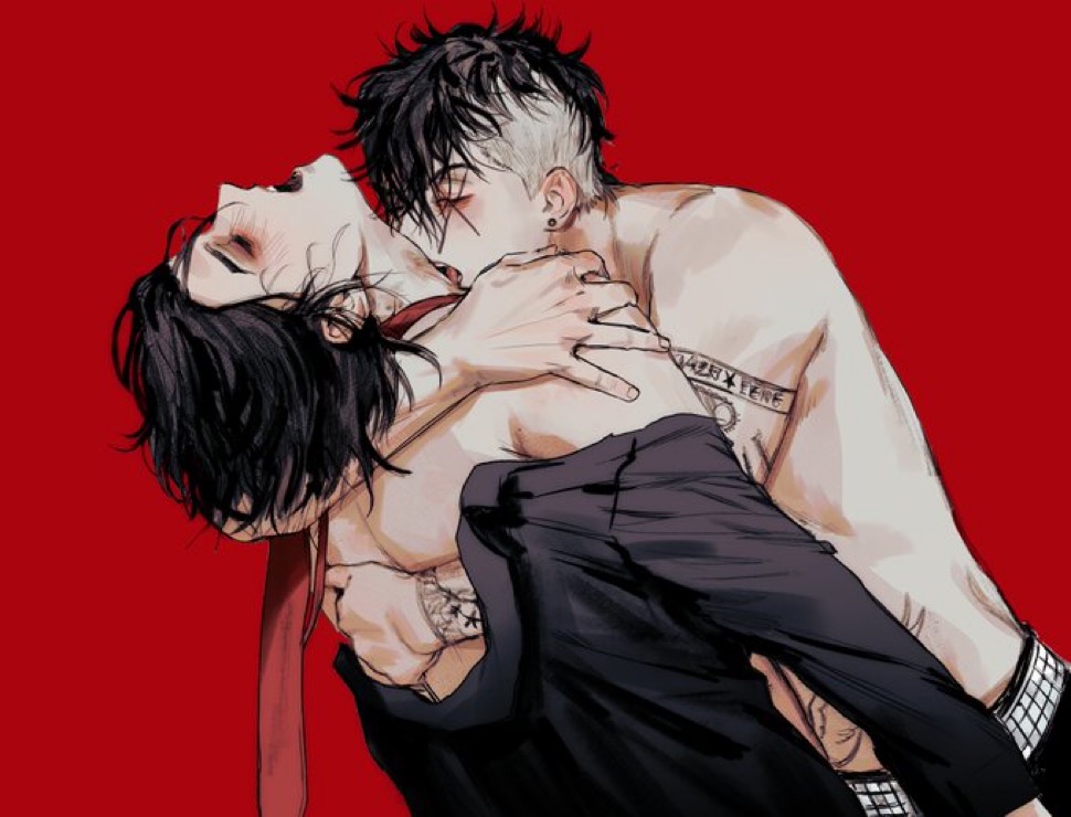 black hair, frank iero, gerard way, higher resolution at source, moaning, my chemical romance, no visible genitalia, open mouth, simple background, tattoos, text, tongue, unbuttoned shirt