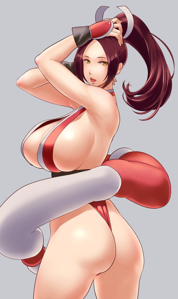 ass, breasts, brown hair, cleavage, fatal fury, female, huge breasts, king of fighters, long hair, mai shiranui, ninja, snk, thong
