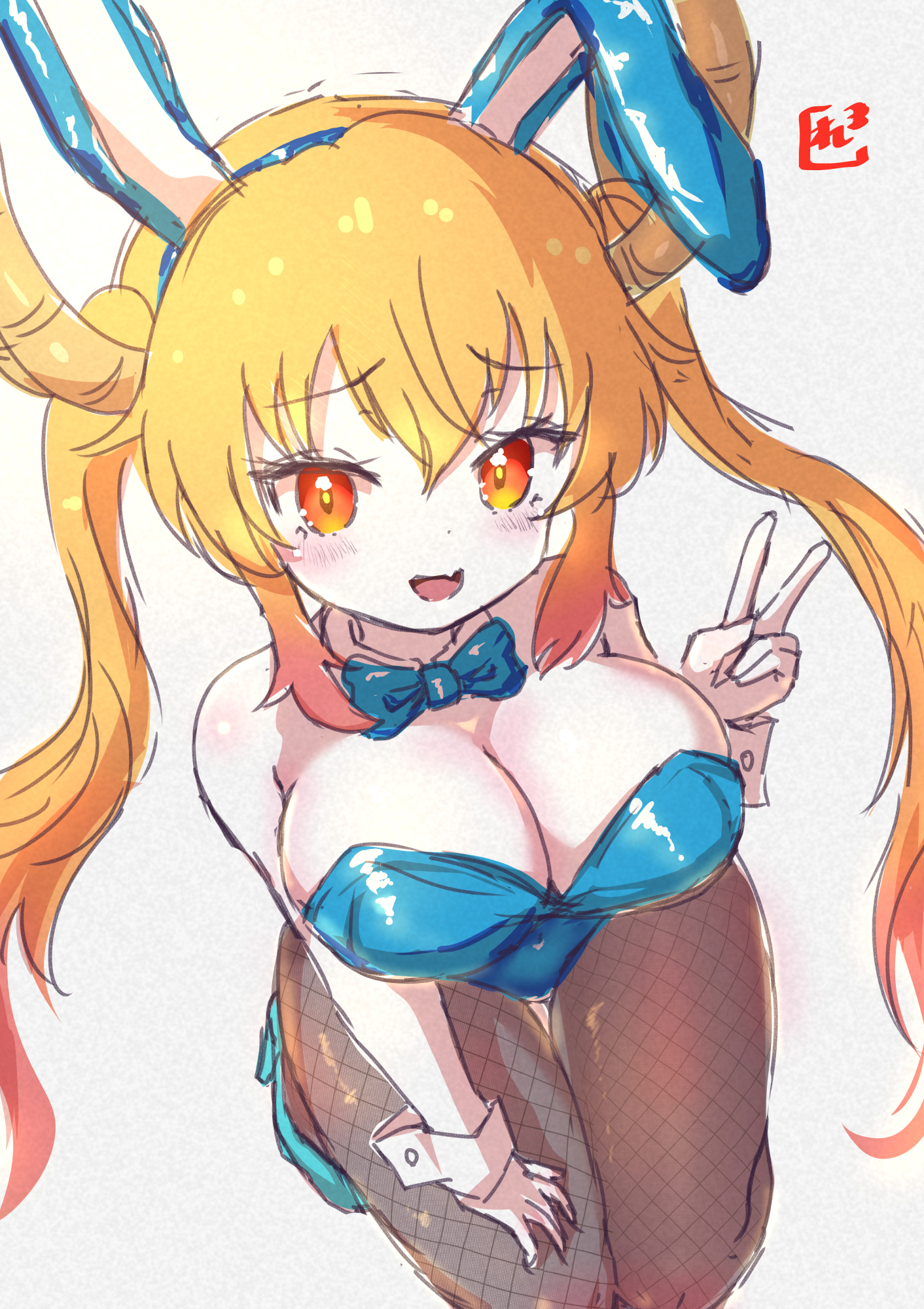 big breasts, breasts, bunnysuit, female, fishnets, high heels, kneeling, kobayashi-san chi no maidragon, large breasts, miss kobayashi's dragon maid, ozrereresan, peace sign, tagme, tohru (dragon maid)