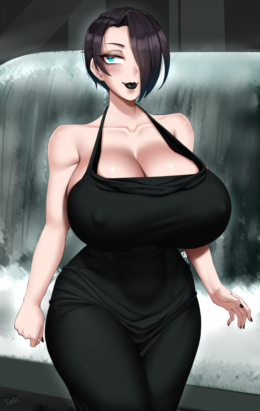 1girls aqua_eyes black_dress black_hair black_hair_female black_lipstick breasts bursting_breasts cleavage enormous_breasts female female_focus hair_over_one_eye huge_breasts huge_cleavage massive_breasts nipple_bulge nipples_visible_through_clothing no_bra original original_character saya_(twrlare) short_black_hair short_hair short_hair_female smile solo solo_female twrlare voluptuous_female