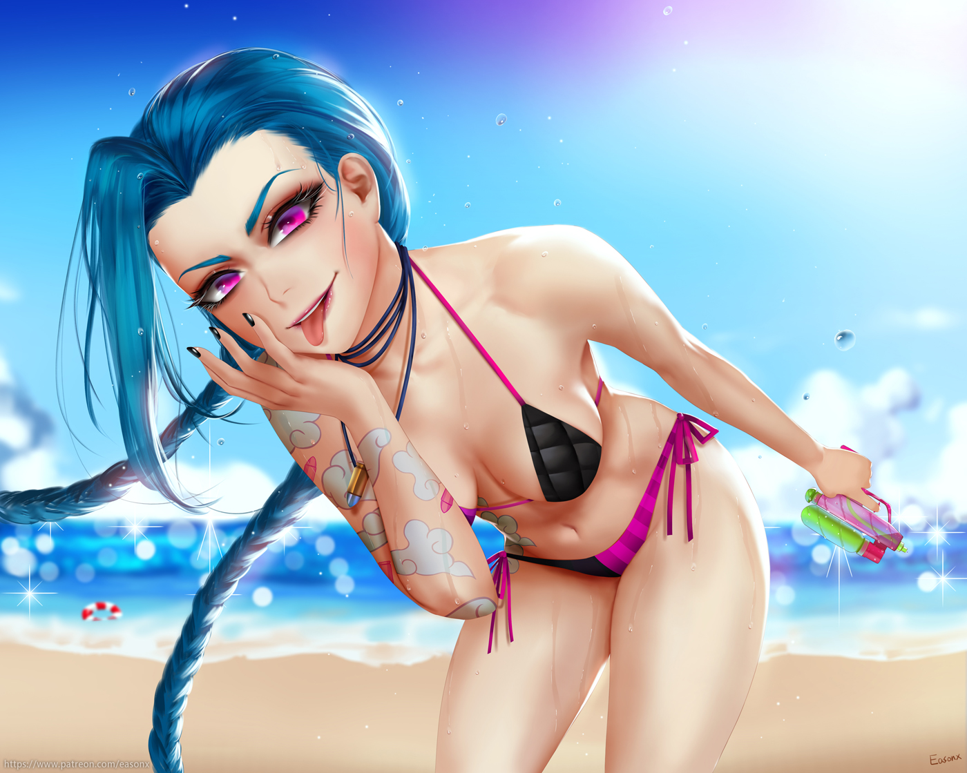 1girls, breasts, cleavage, easonx, female, female only, jinx (league of legends), league of legends, looking at viewer, solo, tongue, tongue out