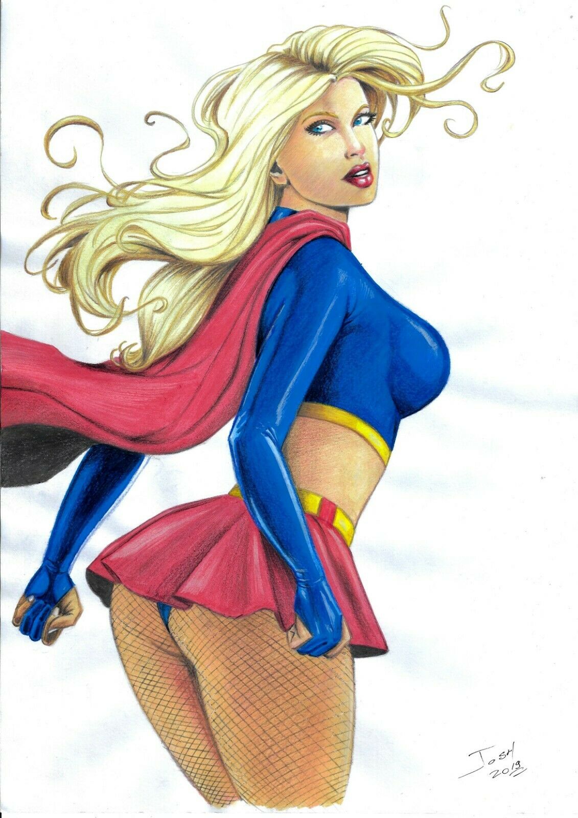 1girls 2019 argoan blonde_hair blonde_hair blue_eyes blue_gloves blue_shirt breasts cape dated dc dc_comics eyeshadow female female_only fishnet fishnet_legwear fishnets gloves josh_(cosmotrama) kara_zor-el kryptonian lipstick long_hair looking_back makeup mascara miniskirt pinup red_cape red_lips red_lipstick red_skirt shirt signature skirt solo supergirl superheroine superman_(series)