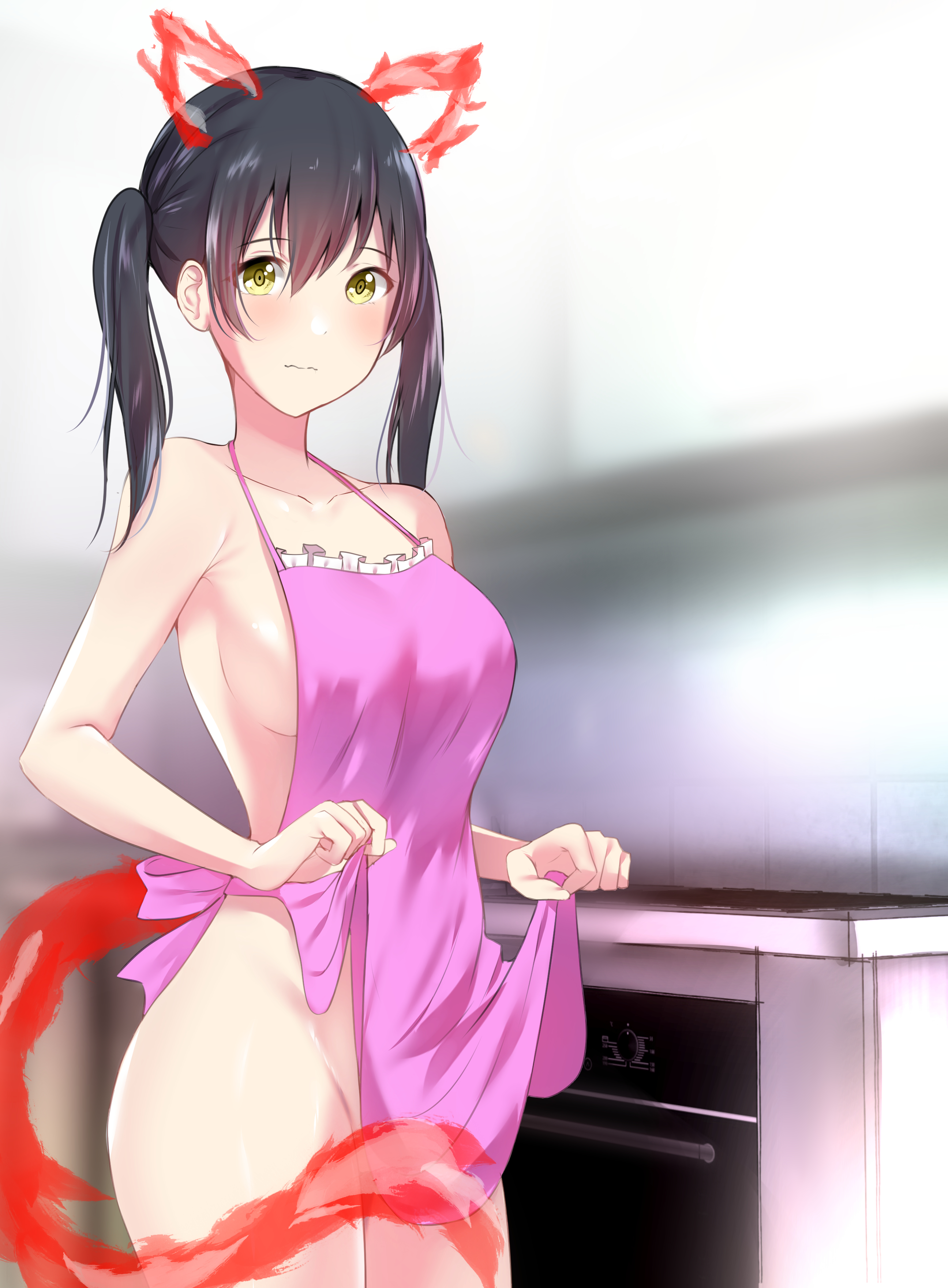 animal ears, apron, apron only, armpit crease, breasts, cleavage, enen no shouboutai, female, fire force, fire tail, functionally nude, hadaka apron, high resolution, kotatsu tamaki, lifted by self, naked apron, yellow eyes