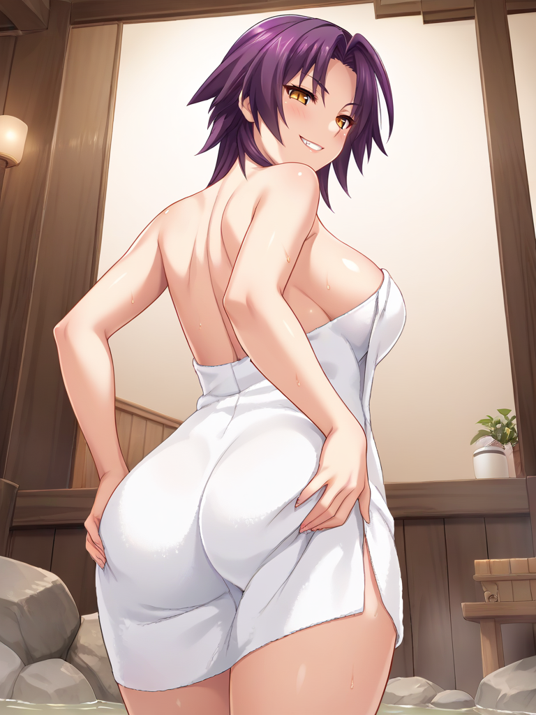 1girls ahoge ai_generated almost_naked almost_nude ass ass_grab azuma_marina bare_shoulders big_ass big_breasts breasts cleavage evil_grin evil_smile female female grabbing_ass grabbing_own_ass grin hands_on_ass huge_ass huge_breasts isogil kashidashi_tsuma_marina_no_"netorase"_houkoku_binkan_tsuma_to_zetsurin_daigakusei nipples onsen purple_hair seductive sexy_pose shiny_skin short_hair smile smirk solo thick_thighs thighs towel