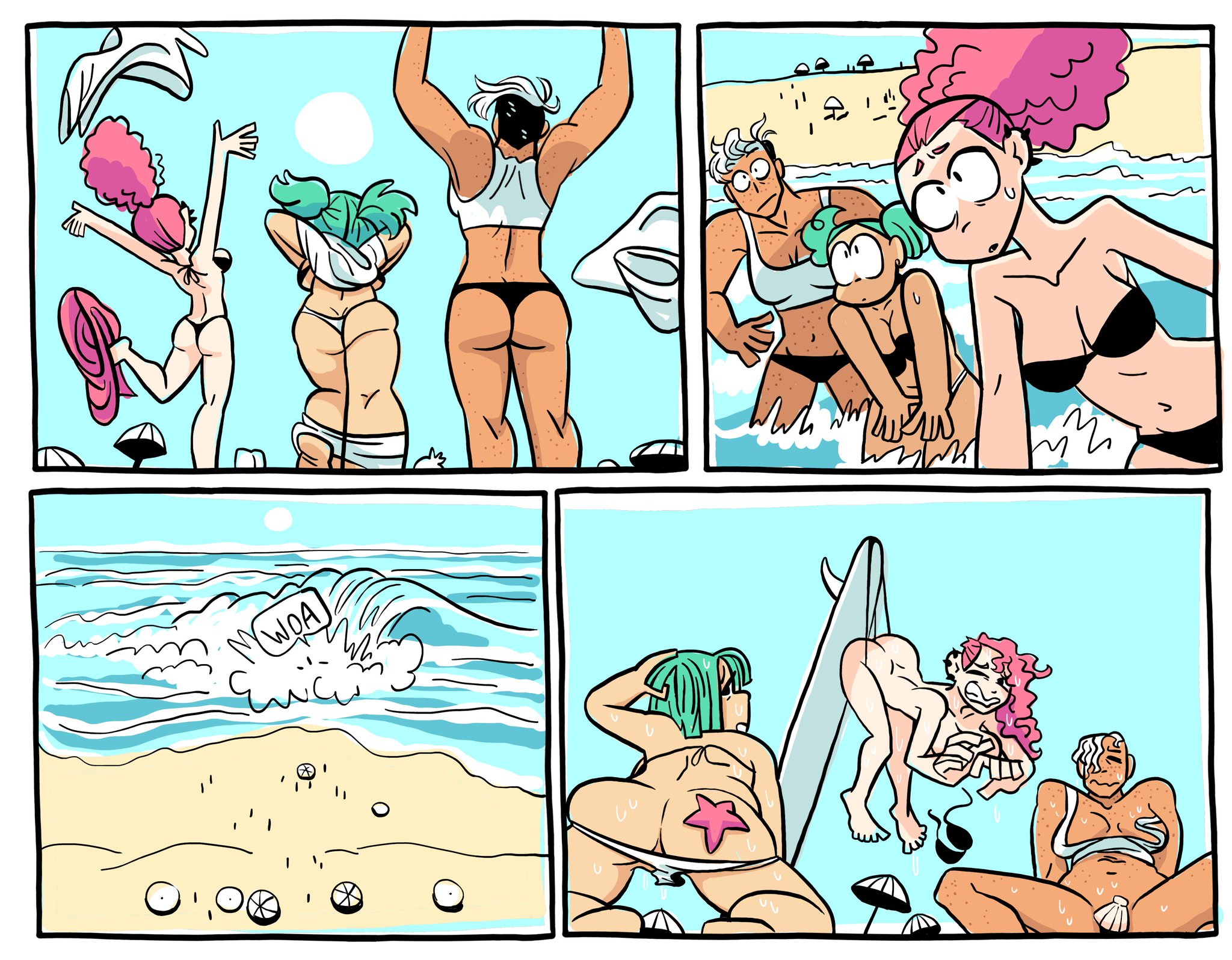 3girls, ass, barefoot, beach, bikini, bikini down, bikini pull, black bikini, bottomless, breasts, convenient censoring, embarrassed, female, green hair, hanging wedgie, navel, nude, ocean, pink hair, samrockwell420, spread legs, tagme, thighs, undressing, wardrobe malfunction, wedgie, white bikini, white hair