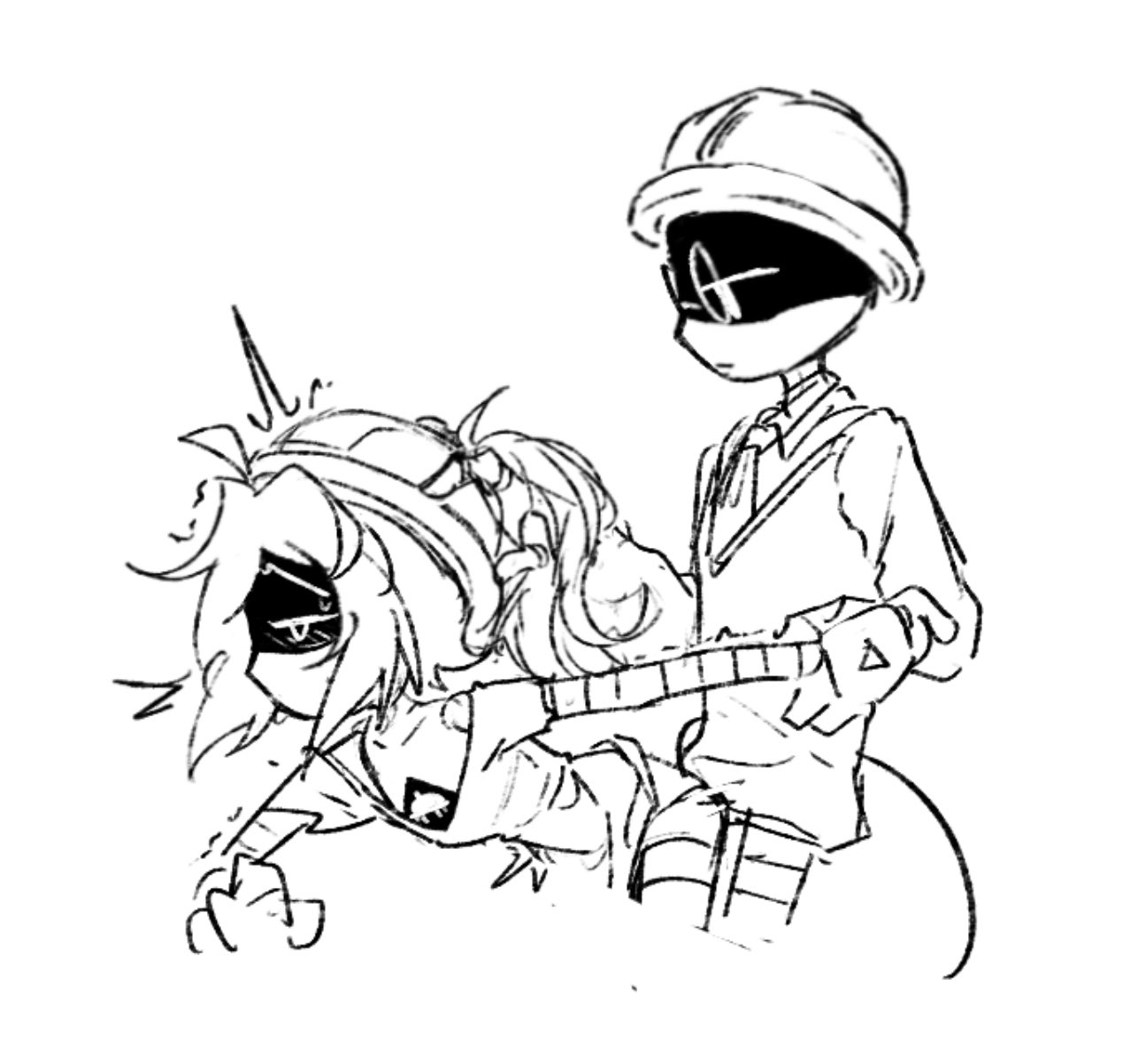 1boy, 1girls, alice (murder drones), arm behind back, black and white, blush, blushing female, clothing, female, glitch productions, grabbing from behind, grabbing head, male, male penetrating female, male/female, masturbation, messy hair, murder drones, penetration, penetration from behind, ponytail, ripped clothing, robot, robot girl, robot humanoid, sketch, sweatdrop, teacher (murder drones), thrusting, twitching, waitaminutehoru, white background