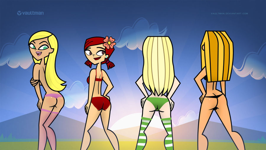 4girls ass blaineley_(tdi) blonde_hair bra dawn_(tdi) female_only green_panties multiple_girls panties pink_panties red_bra red_hair red_panties striped_legwear thong topless topless_female total_drama_island underwear vaultman zoey_(tdi)