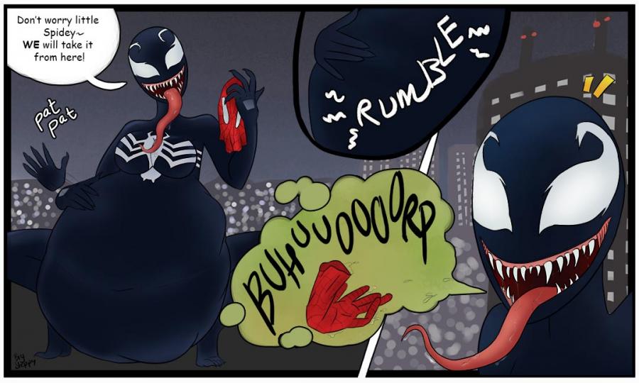 alien, alien girl, big belly, breasts, burp, female, female pred, male, male prey, marvel, marvel comics, peter parker, she-venom, spider-man, spider-man (series), symbiote, venom (marvel), vore