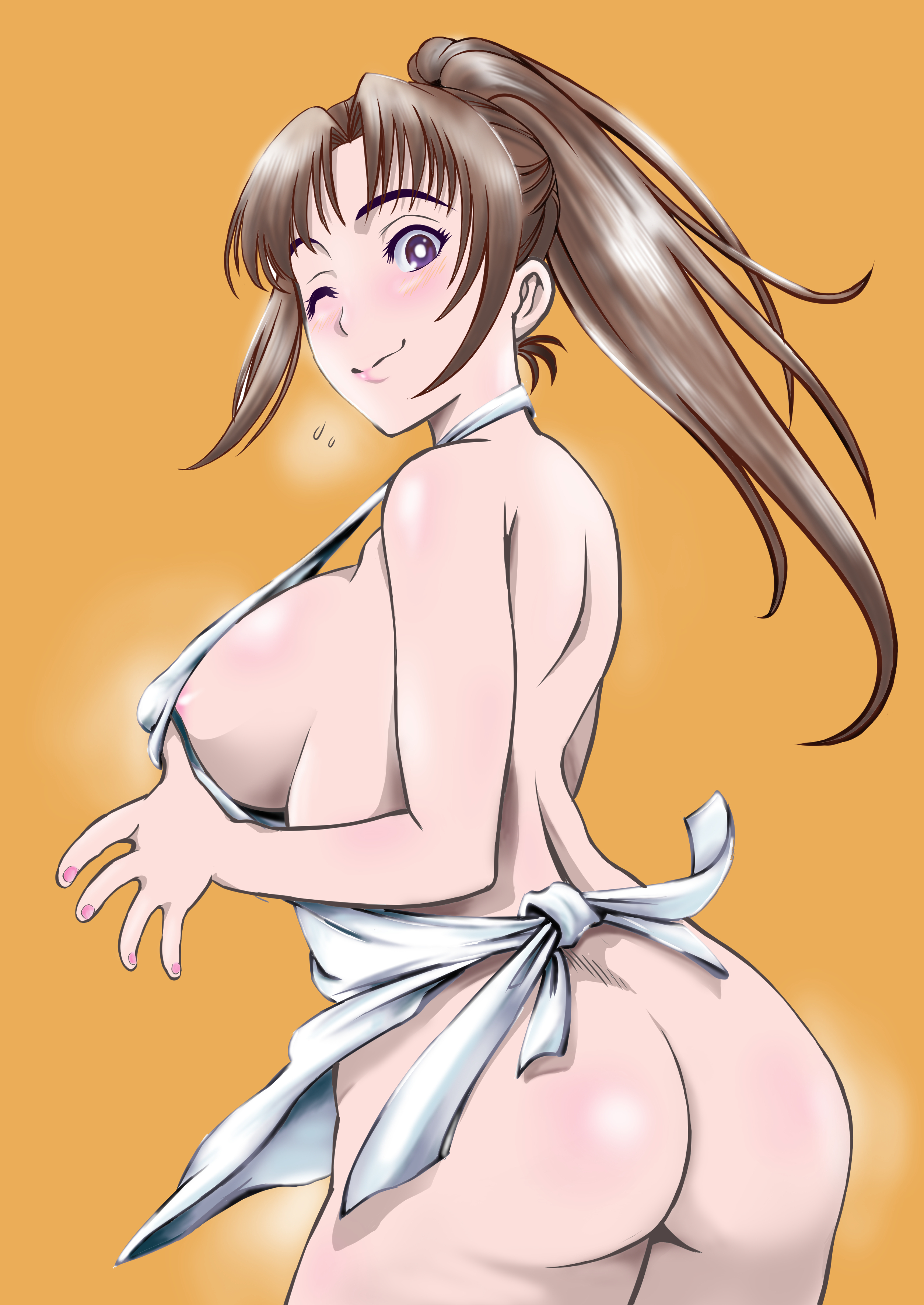 1girls, apron, artist request, ass, back, big breasts, blush, breasts, brown hair, eye contact, female, female only, heavy breathing, large breasts, long hair, looking at viewer, looking back, milf, mother, oosuki mamako, orange background, pink nails, pose, purple eyes, sideboob, smile, solo, sweat, thick thighs, tsuujou kougeki ga zentai kougeki de ni-kai kougeki no okaasan wa suki desu ka?, wide hips, wink