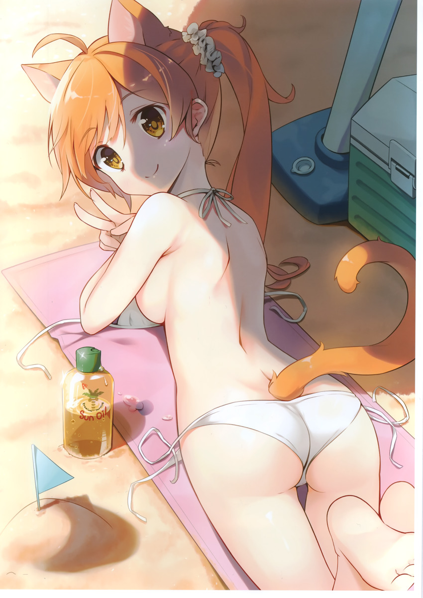 1girls ass beach catgirl cute kutata lollipop looking_at_viewer looking_back orange_hair peace_sign ponytail sand_castle shadow side-tie_bikini sideboob smile solo solo_female tagme tail v_sign white_bikini yellow_eyes