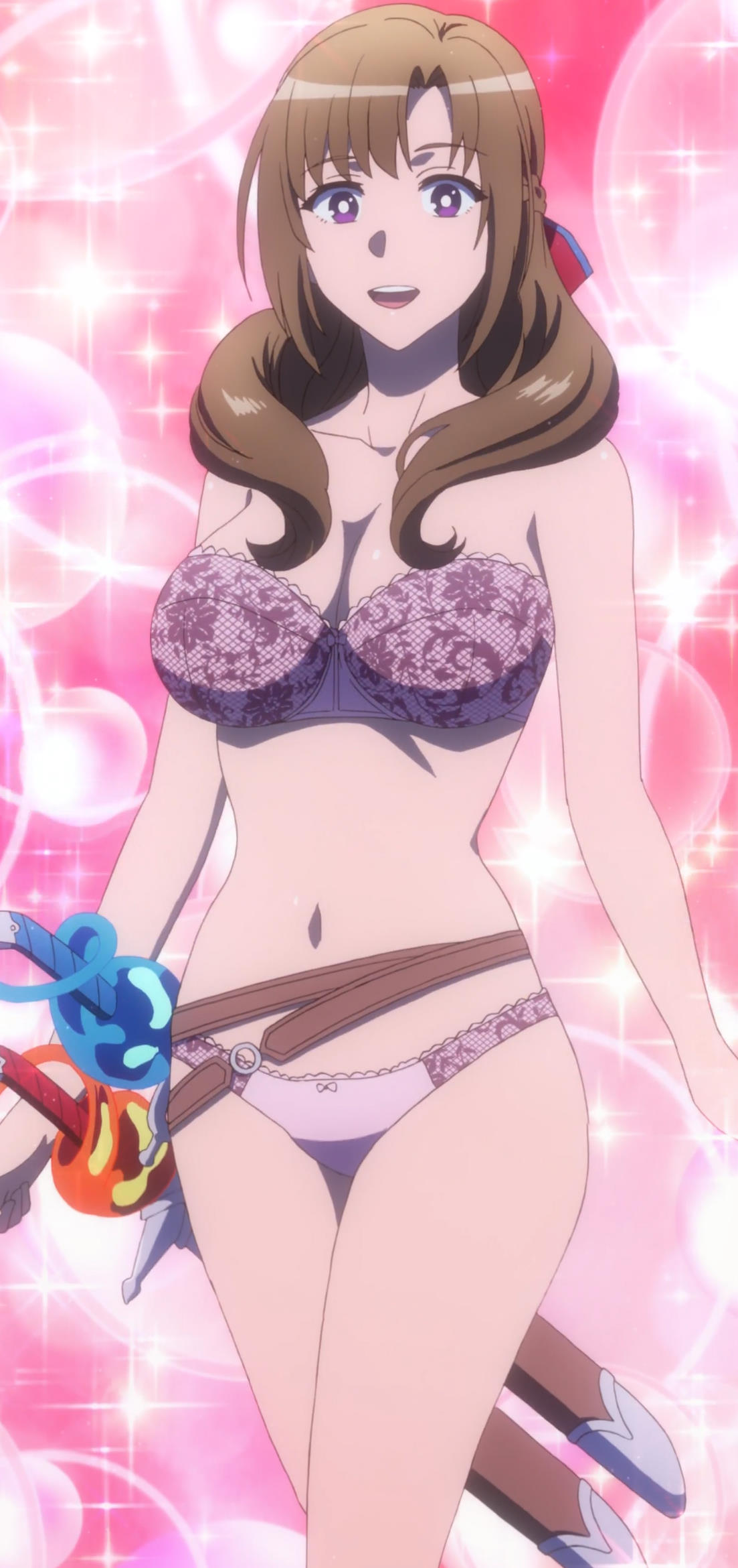1girls, big breasts, bra, breasts, brown hair, cleavage, eye contact, female, female only, long hair, looking at viewer, milf, mother, oosuki mamako, panties, purple eyes, smile, source request, sword, tsuujou kougeki ga zentai kougeki de ni-kai kougeki no okaasan wa suki desu ka?, weapon, wide hips