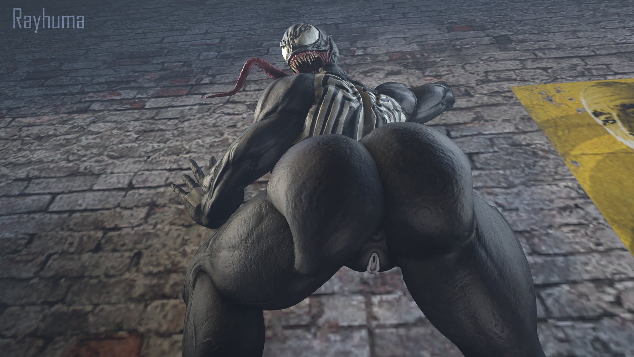 3d, against wall, alien, ass, ass focus, big ass, black body, female, large ass, legs, long tongue, looking over shoulder, marvel, marvel comics, prehensile tongue, pussy, rayhuma, sharp teeth, she-venom, spider-man (series), symbiote, teeth, thick, thick ass, thick thighs, thighs, tongue, tongue out, vagina, venom, venom (marvel), wall, white eyes