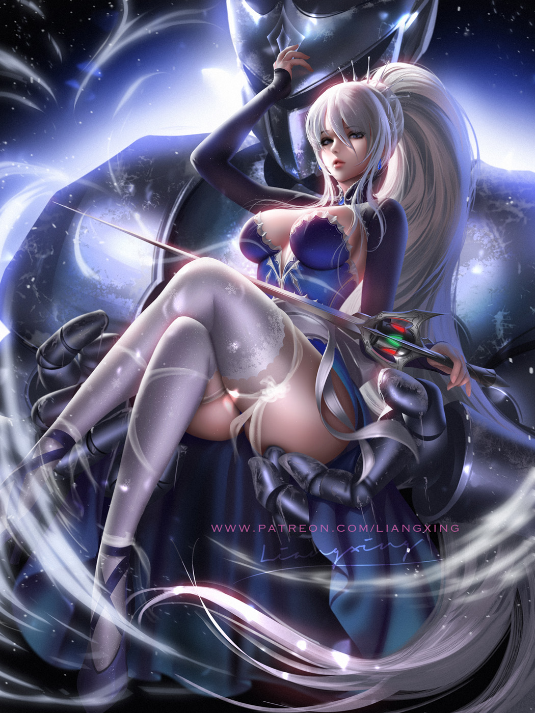 1girls, breasts, cleavage, female, female only, liang xing, looking at viewer, panties, rwby, solo, thighhighs, weiss schnee