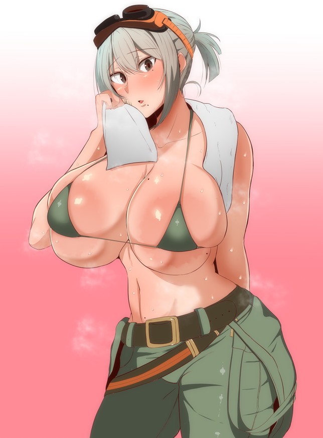 1girls, areolae, bikini, bikini top, breasts, bursting breasts, cleavage, female, god eater, goggles, gradient background, grey hair, huge breasts, kusunoki rikka, large areolae, mole, mole on breast, mole under eye, mole under mouth, mucc, short hair, solo, string bikini