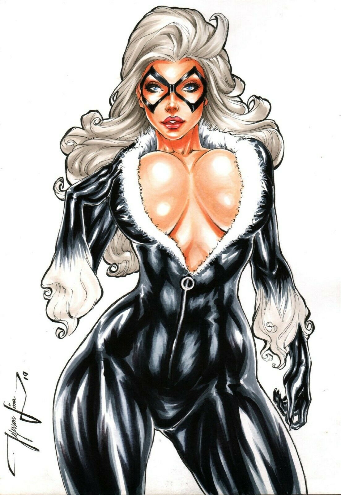 1girls 2019 big_breasts black_bodysuit black_cat_(marvel) black_gloves blue_eyes bodysuit breasts busty cleavage clothed curvaceous curvy dated domino_mask ed_benes_studio eyeshadow felicia_hardy female female_only from_below fur_trim gloves huge_breasts human jeferson_lima large_breasts lipstick long_hair makeup marvel marvel_comics mascara mask pinup red_lips red_lipstick shiny_suit signature solo spider-man_(series) superheroine unzipped_bodysuit voluptuous white_hair zipper zipper_pull_tab