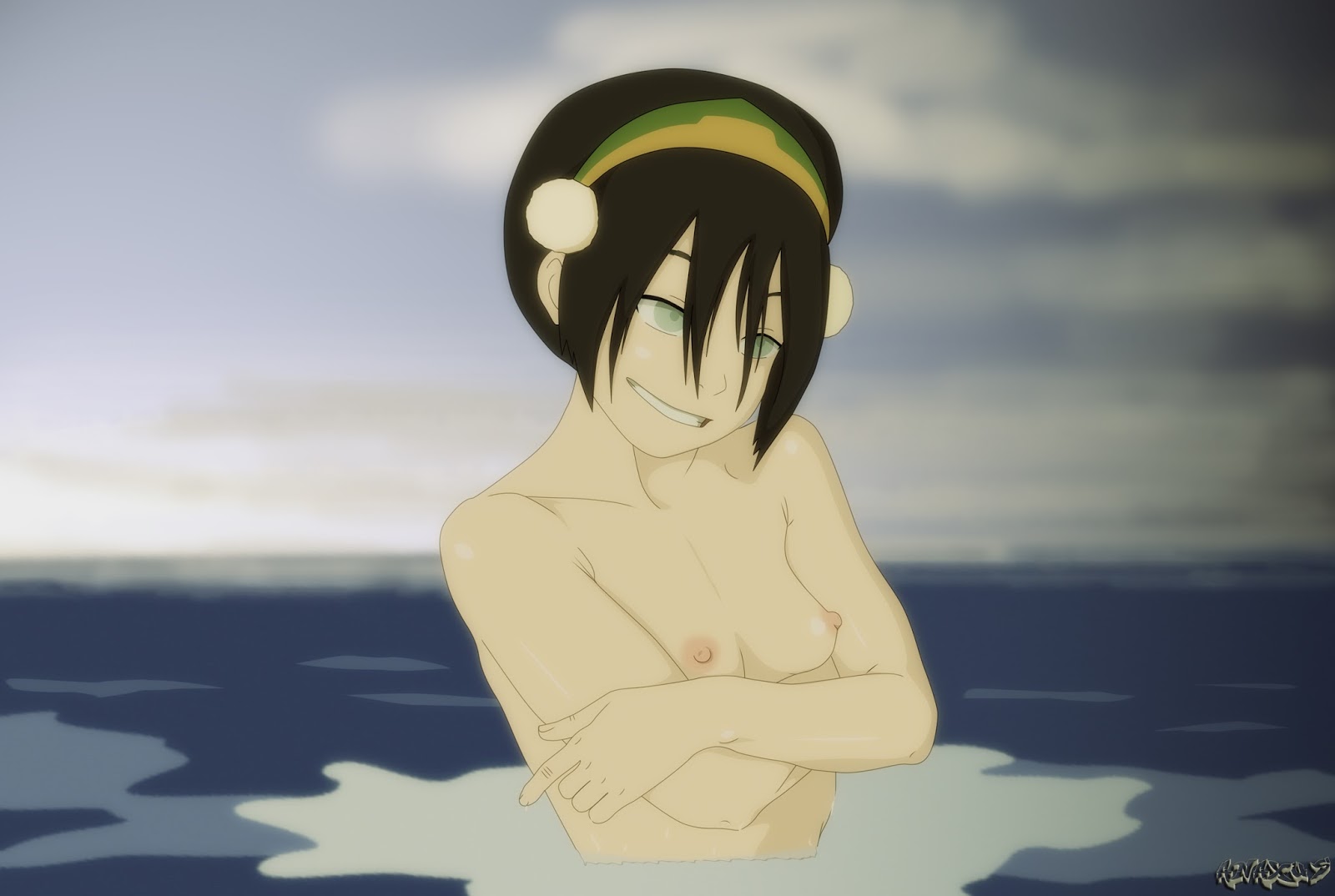 1girls, anaxus, avatar the last airbender, black hair, blind, breasts, earth kingdom, female, nickelodeon, nipples, nudity, older, signature, skinny dipping, small breasts, solo, solo female, toph bei fong, topless, water, watermark