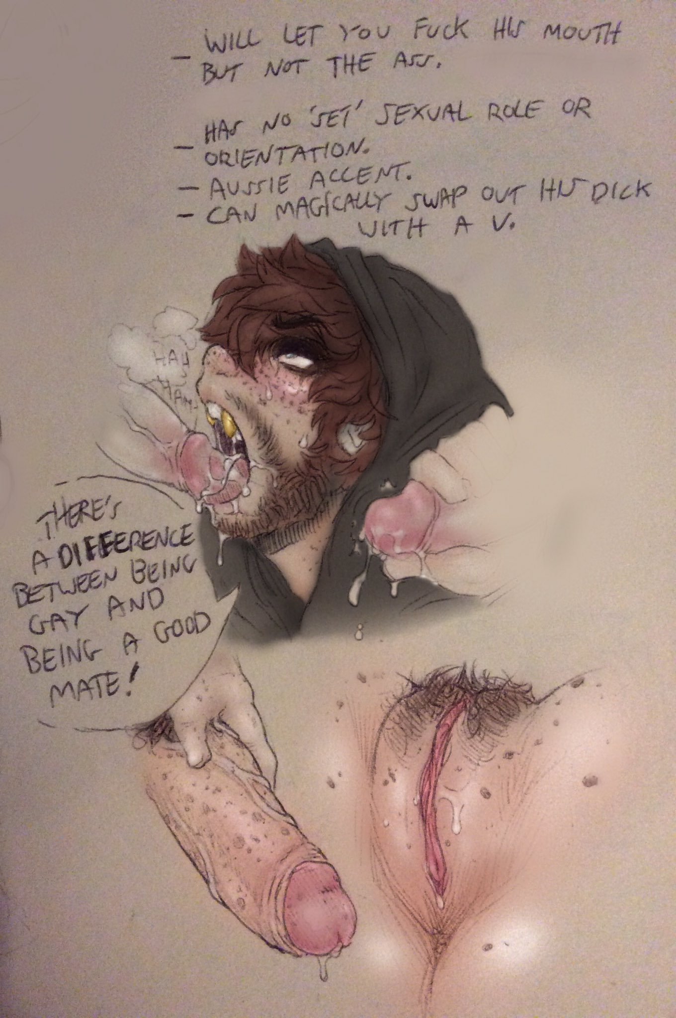 2019, after sex, after vaginal, anus, artist name, ass, beard, blue eyes, blush, breath, brown hair, color, cum, cum in mouth, cum in pussy, cum inside, cum on face, cum on penis, cum on pussy, cuntboy, cuntboy transformation, cuntboy/male, disembodied pussy, ear, english text, erection, eyes, facial hair, fangs, fellatio, foreskin, freckles, hand, hoodie, human, intersex, male, male only, male to cuntboy, mole, mouth, mti transformation, open eyes, open mouth, oral, oral sex, original, original character, penis, penis grab, pubic hair, pussy, retracted foreskin, sabbasarts, sex, text, traditional media (artwork), transformation, uncircumcised, uncut, url, vagina, vein, veins, veiny, veiny penis