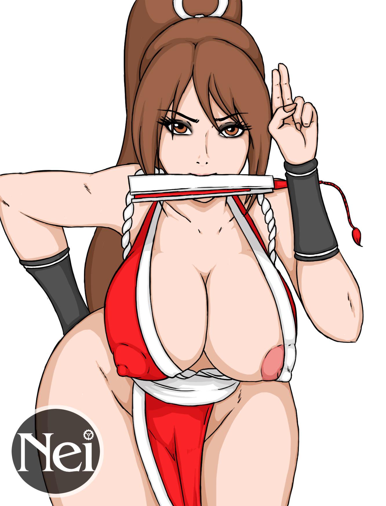 areola slip, areolae, big breasts, breasts, brown eyes, brown hair, busty, cleavage, erection, fatal fury, female, female focus, female only, king of fighters, large breasts, mai shiranui, nei (artist), nipple bulge, nipple slip, nipples, pinup, ponytail, snk, solo, thick thighs, wide hips