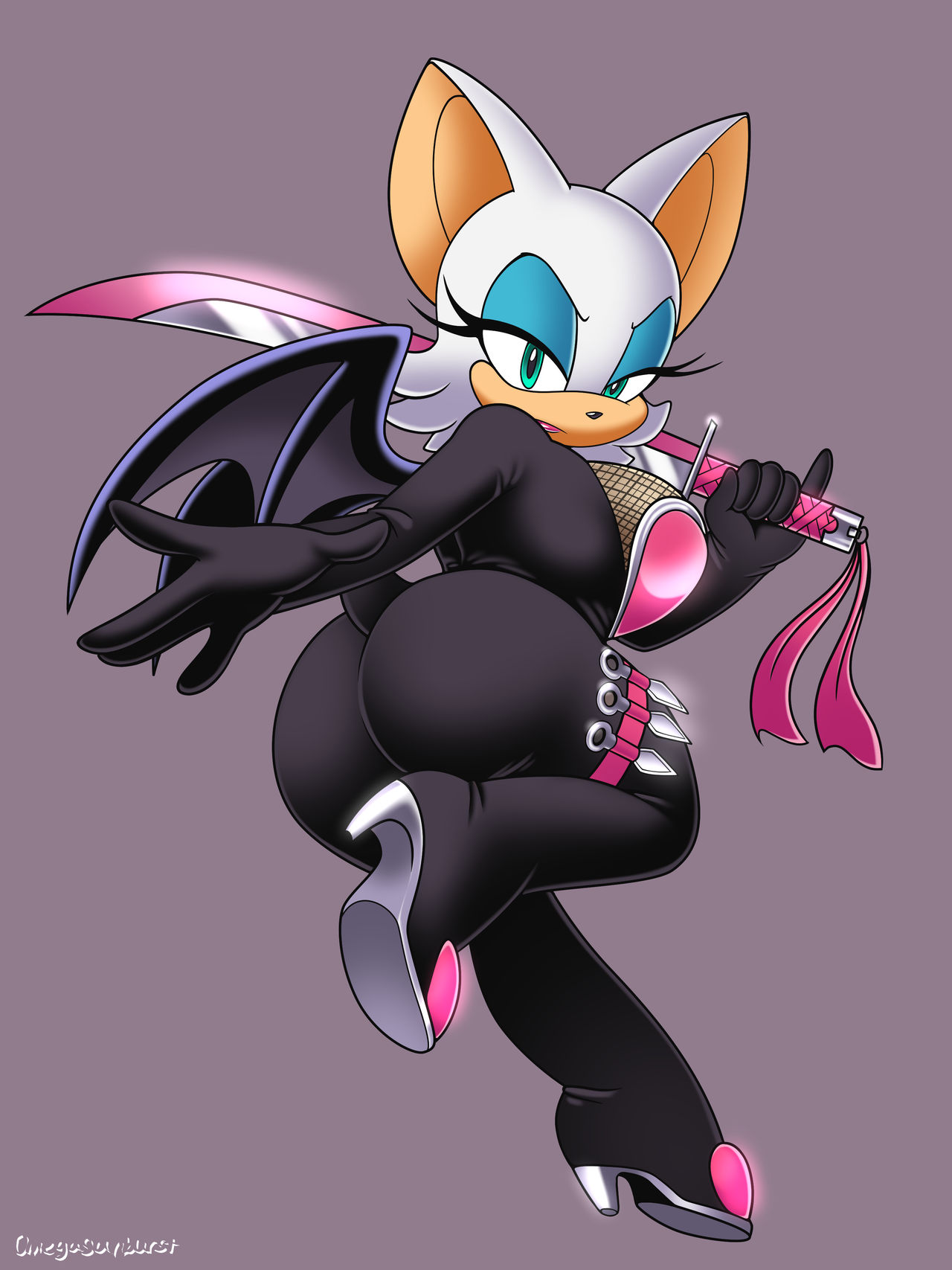 1girls, 2019, animal ears, anthro, ass, bat wings, big ass, big breasts, big butt, black bodysuit, blue eyes, bodysuit, breasts, bubble ass, bubble butt, clothing, eyeshadow, female, female only, from behind, full body, furry, grey background, high heels, holding, holding weapon, huge ass, huge butt, large ass, large breasts, legs, looking at viewer, looking back, makeup, omegasunburst, outstretched arm, presenting hindquarters, rouge the bat, running, sega, sideboob, skin tight, solo, sonic (series), sword, tail, thighs, weapon, white fur, wide hips, wings